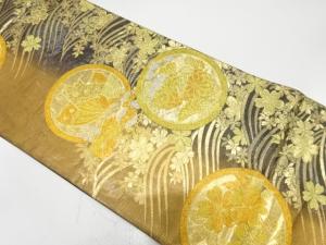 アンティーク　丸紋に蝶・菊・桜模様織り出し袋帯（材料）